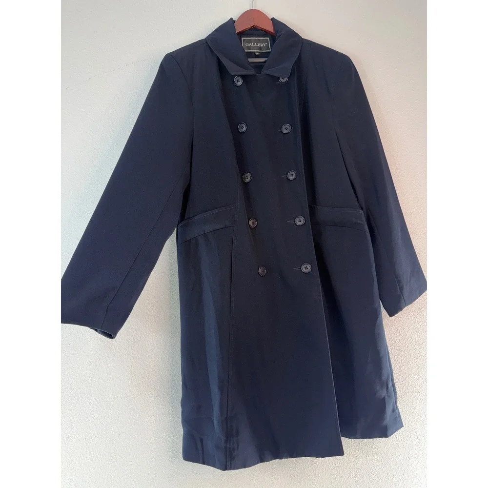 Vintage 90s Gallery Trench Coat Double Breasted Navy Blue Quiet Luxury Preppy 12